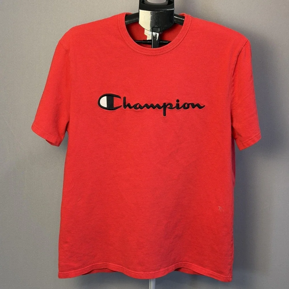 Champion Shirt Mens Large Red Script Logo Graphic Tee 100% Cotton Short Sleeve - Picture 1 of 5